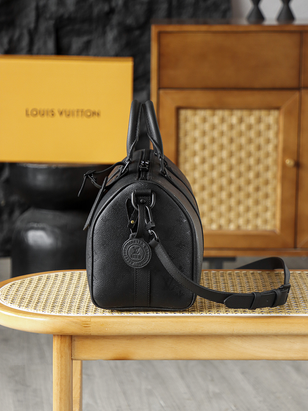 35CM AS LOUIS VUITTON KEEPALL 全钢五金 经典老花 印花 锁扣 涂层帆布  旅行包 黑色A2 M28370 