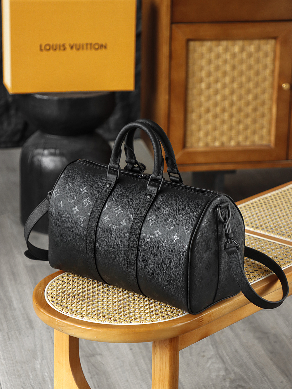 35CM AS LOUIS VUITTON KEEPALL 全钢五金 经典老花 印花 锁扣 涂层帆布  旅行包 黑色A2 M28370 