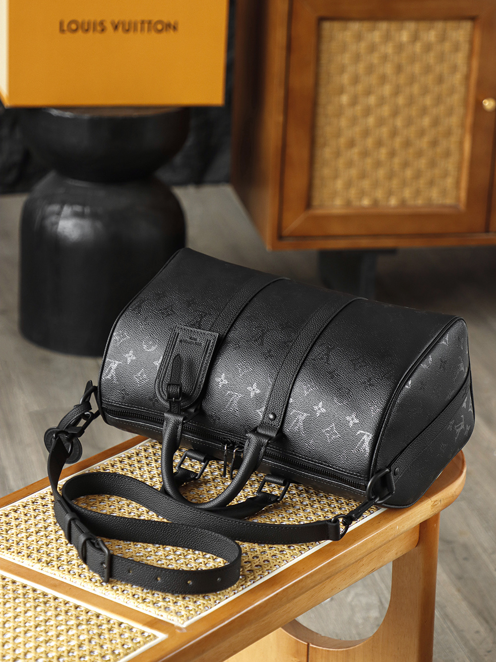 35CM AS LOUIS VUITTON KEEPALL 全钢五金 经典老花 印花 锁扣 涂层帆布  旅行包 黑色A2 M28370 