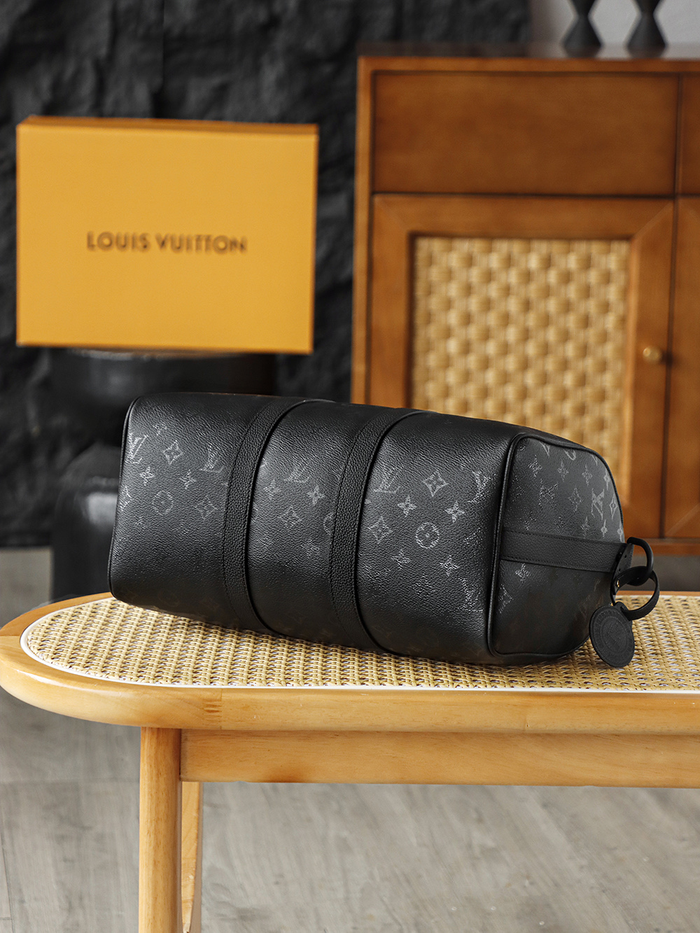 35CM AS LOUIS VUITTON KEEPALL 全钢五金 经典老花 印花 锁扣 涂层帆布  旅行包 黑色A2 M28370 