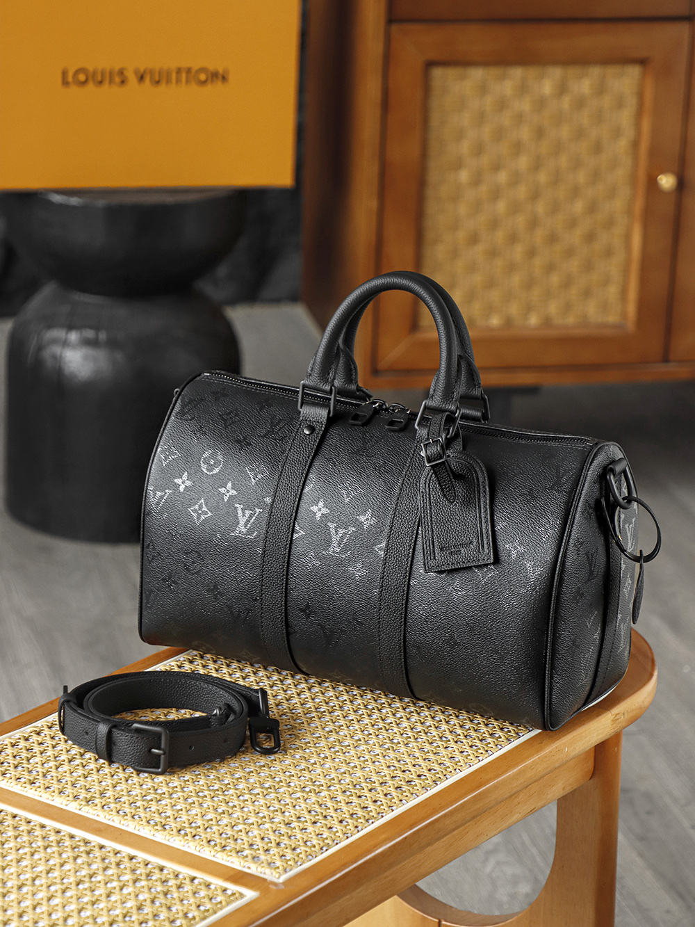 35CM AS LOUIS VUITTON KEEPALL 全钢五金 经典老花 印花 锁扣 涂层帆布  旅行包 黑色A2 M28370 