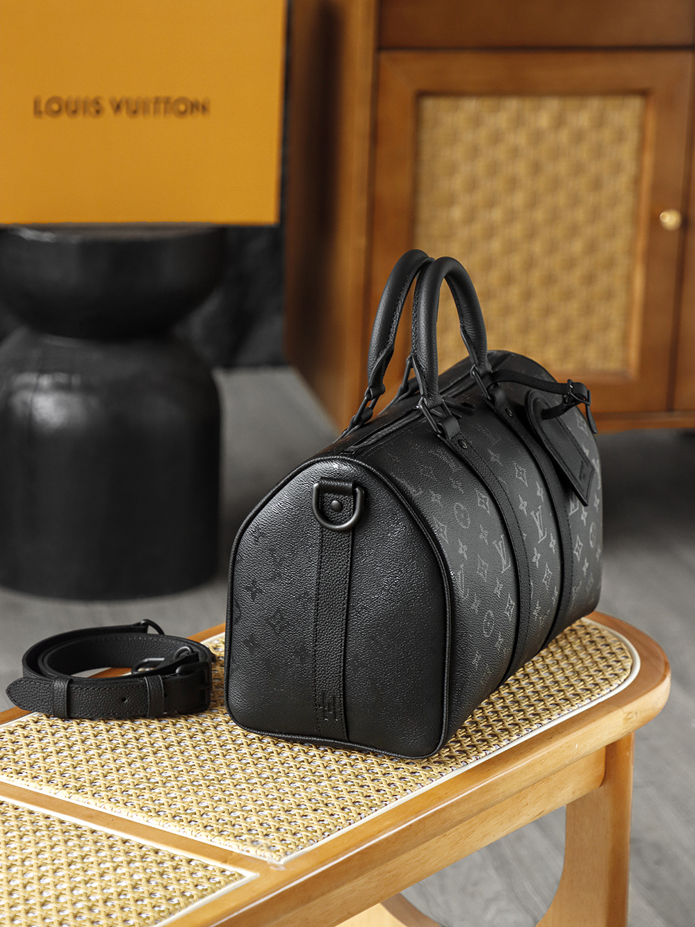 35CM AS LOUIS VUITTON KEEPALL 全钢五金 经典老花 印花 锁扣 涂层帆布  旅行包 黑色A2 M28370 