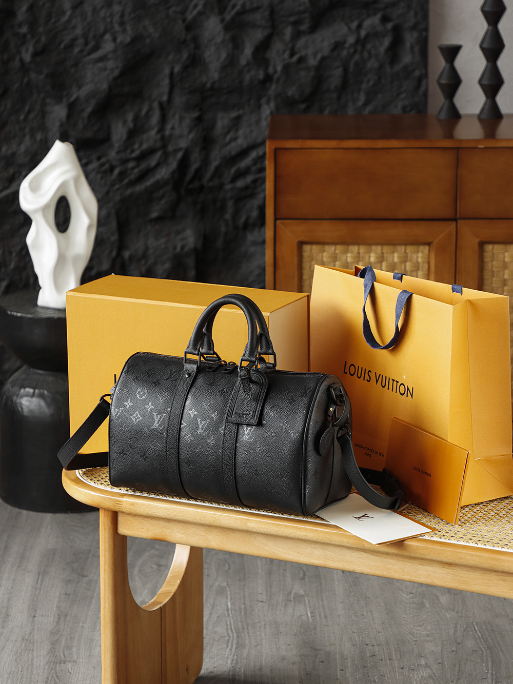 35CM AS LOUIS VUITTON KEEPALL 全钢五金 经典老花 印花 锁扣 涂层帆布  旅行包 黑色A2 M28370 