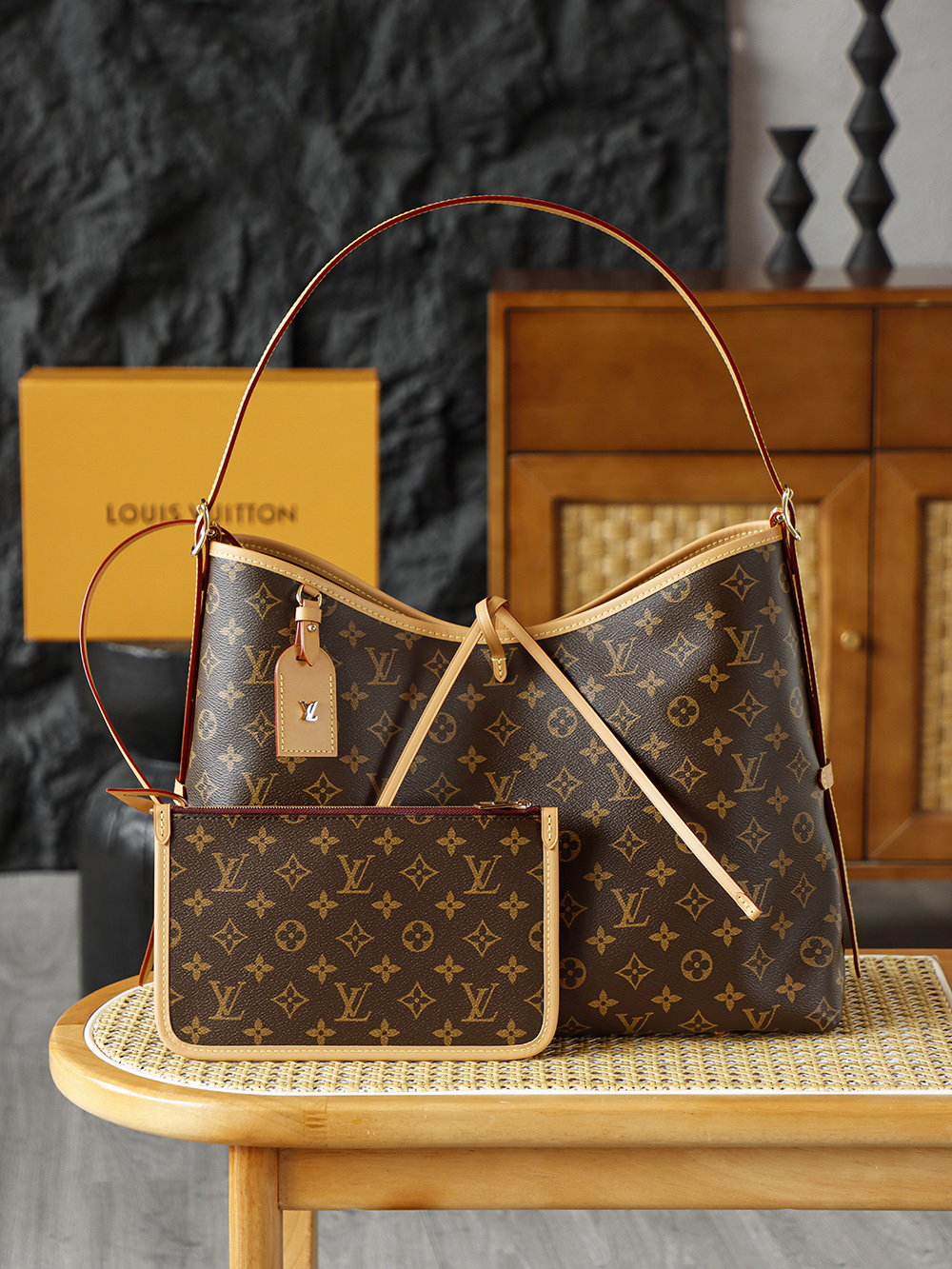 LOUIS VUITTON Carryall MM 经典老花满印涂层帆布拼牛皮饰边 子母包 单肩包 手提包 腋下包 女款 中号 棕色 M46197