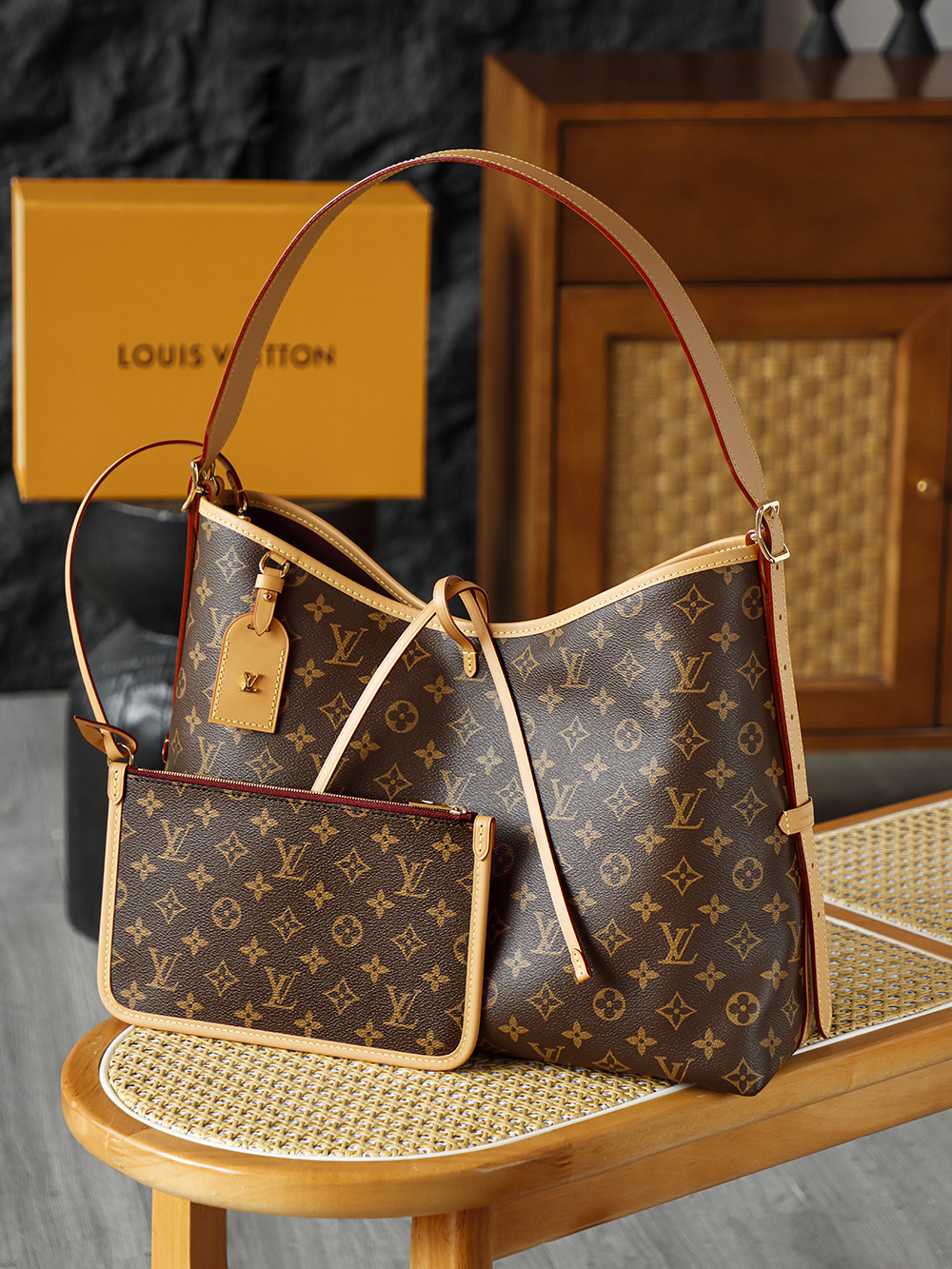 LOUIS VUITTON Carryall MM 经典老花满印涂层帆布拼牛皮饰边 子母包 单肩包 手提包 腋下包 女款 中号 棕色 M46197