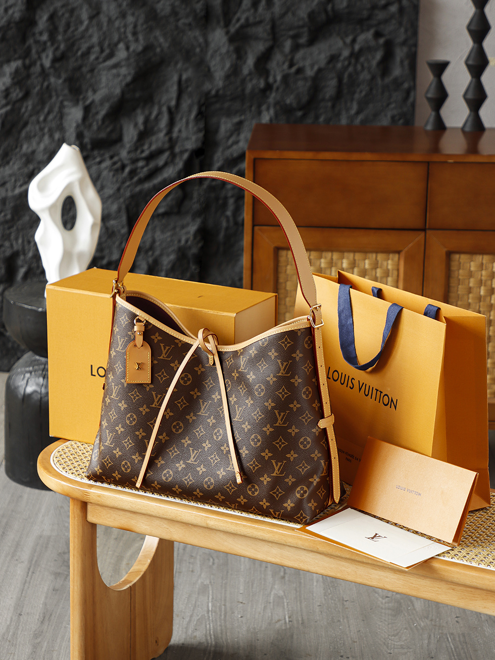 LOUIS VUITTON Carryall MM 经典老花满印涂层帆布拼牛皮饰边 子母包 单肩包 手提包 腋下包 女款 中号 棕色 M46197