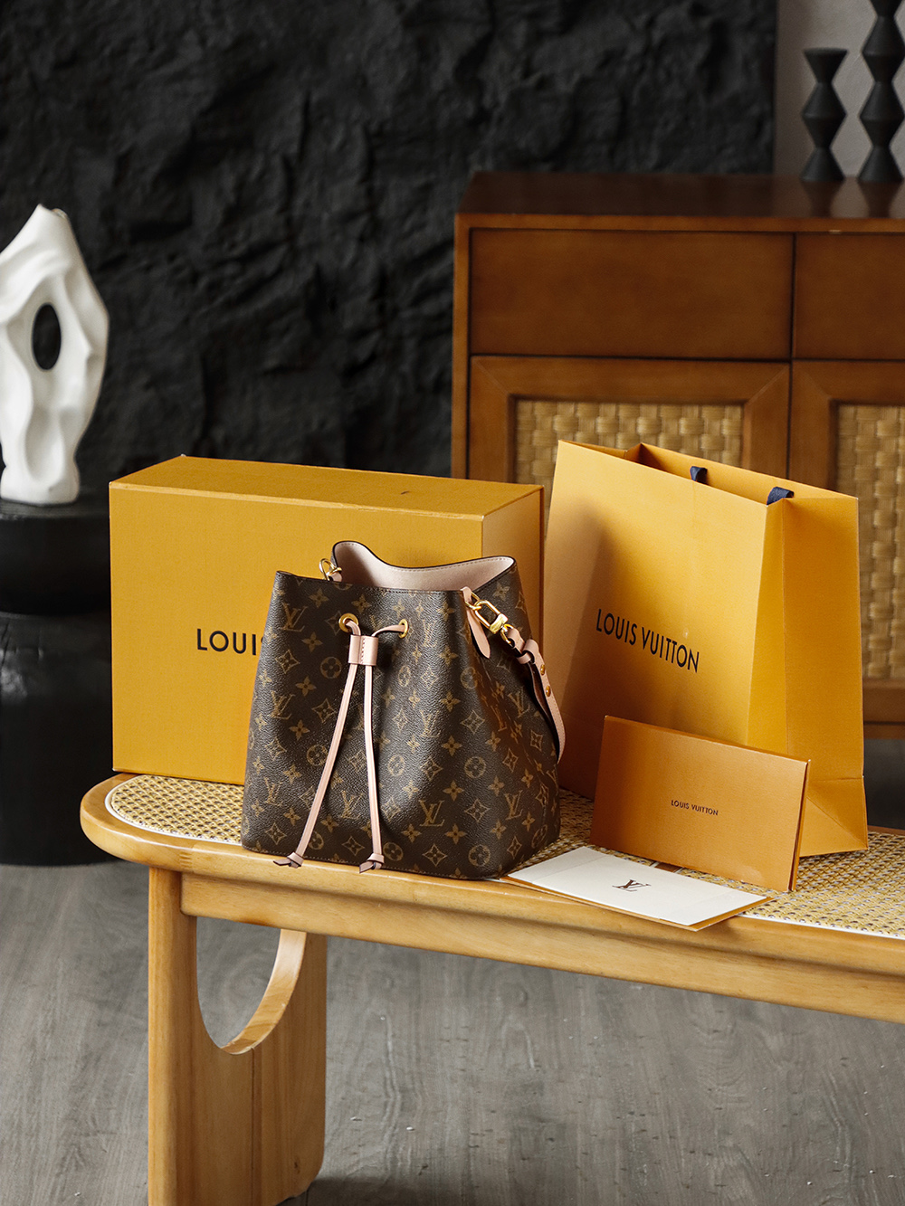 AS LOUIS VUITTON NÉONOÉ MM 全钢五金 经典老花 印花 拉链 涂层帆布  水桶包 棕色A0 M44022