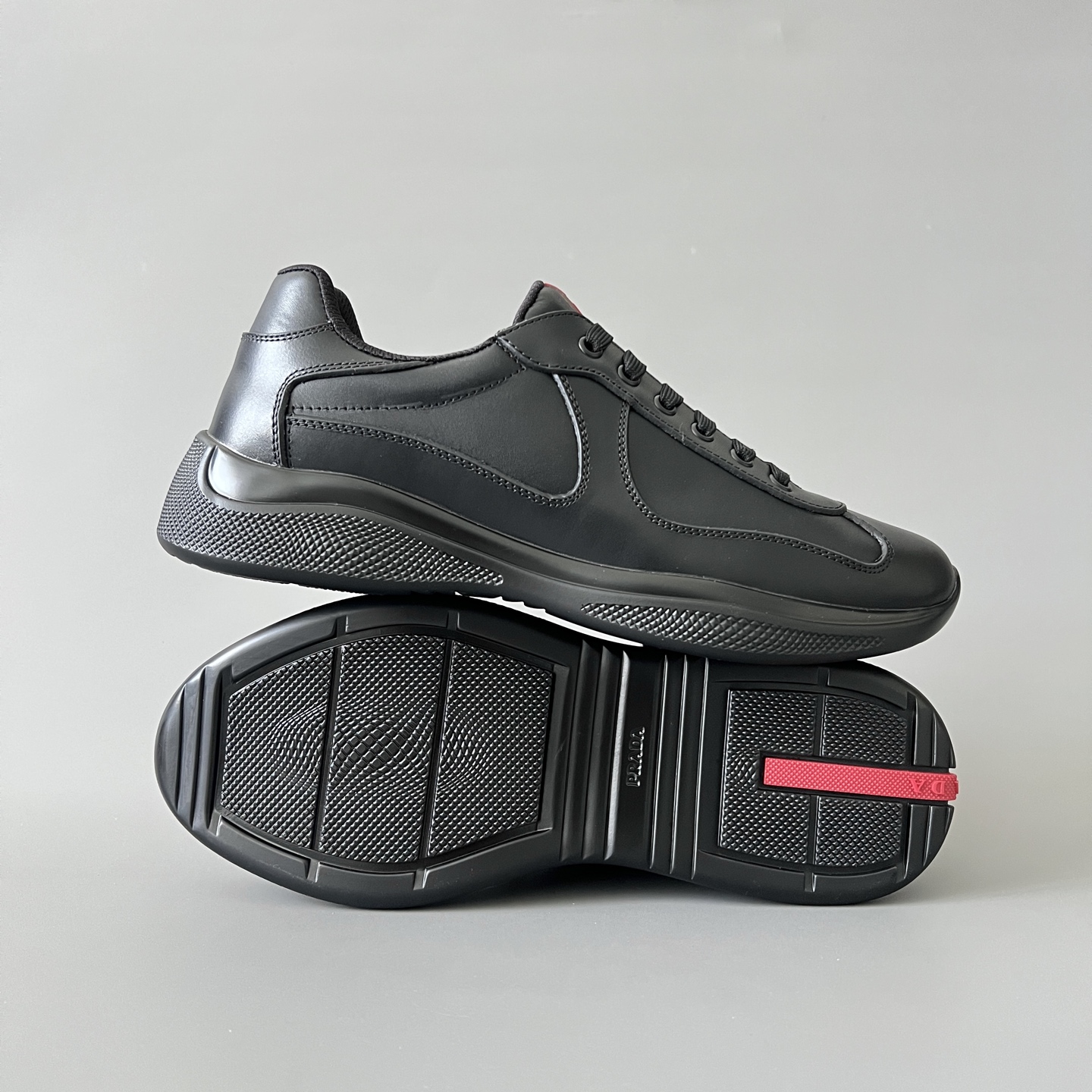 Prada 普拉达 America's Cup  系列 皮革 和织物面料 运动鞋 男士 黑色B5 4E3400_038_F0002