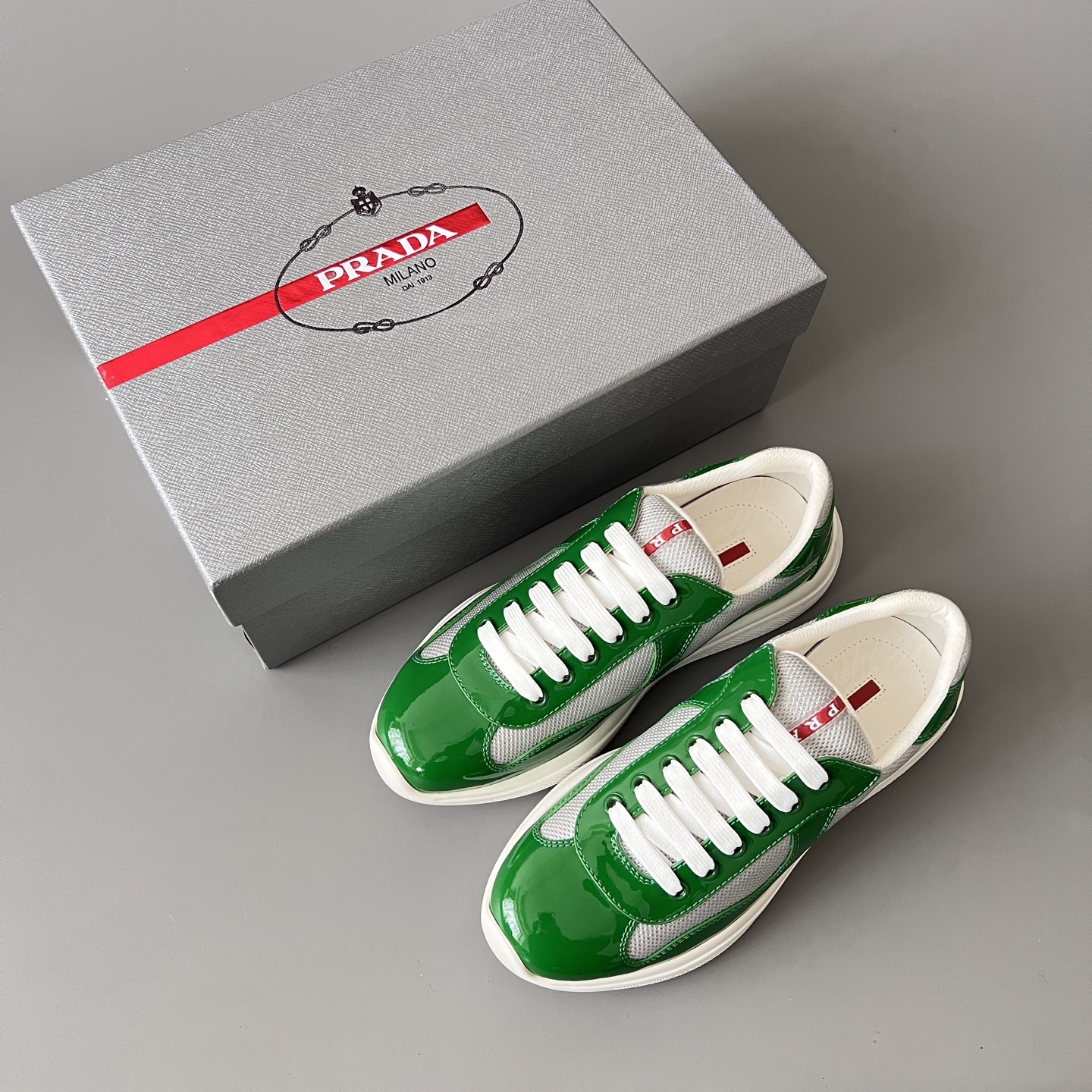 Prada 普拉达 America's Cup  系列 皮革 和织物面料 运动鞋 男士 绿色B5 4E3400_ASZ_F0J8D