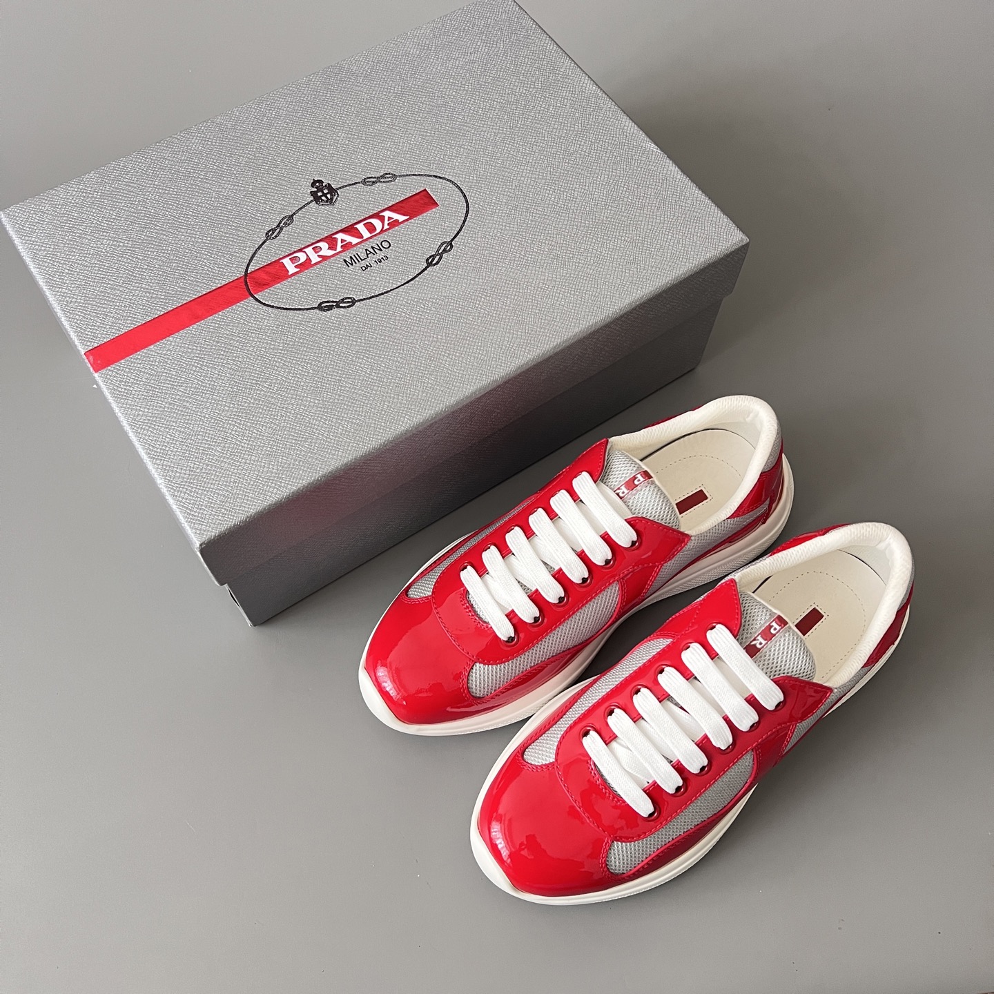 Prada 普拉达 America's Cup  系列 皮革 和织物面料 运动鞋 男士 红色B5 4E3400_ASZ_F0F5C_F_G000