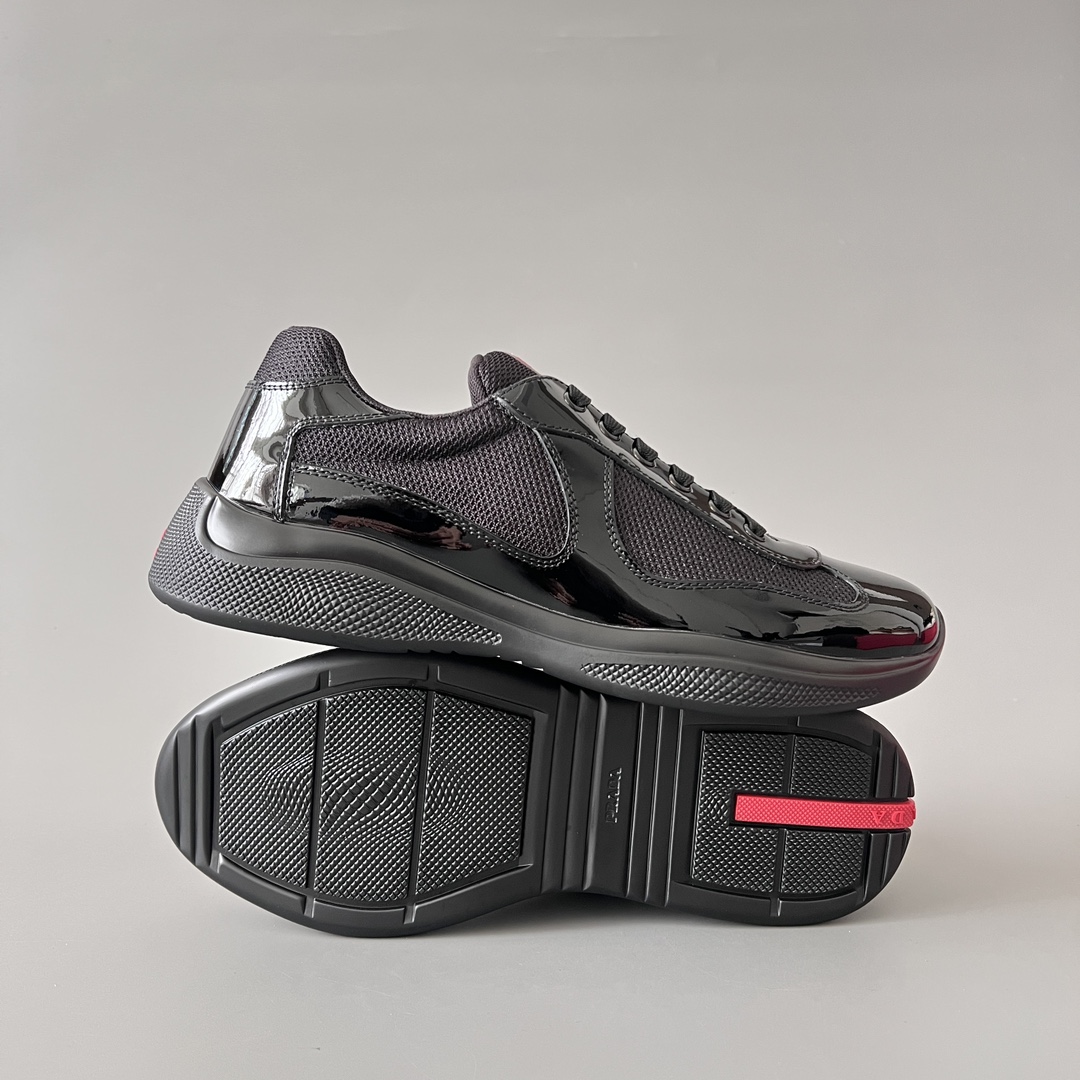 Prada 普拉达 America's Cup  系列 皮革 和织物面料 运动鞋 男士 漆皮黑色B5 4E3400_ASZ_F0002