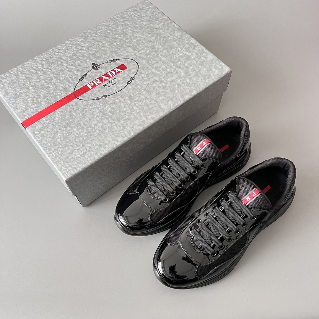 Prada 普拉达 America's Cup  系列 皮革 和织物面料 运动鞋 男士 漆皮黑色B5 4E3400_ASZ_F0002
