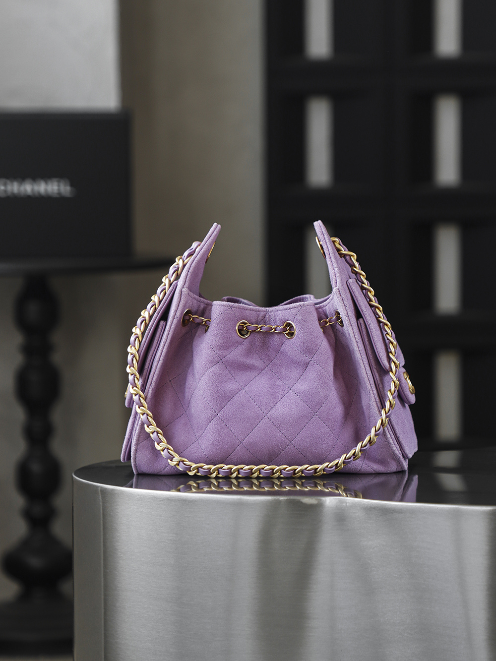 CHA 25bag 26C mini  High-End Replica Luxury Reps 嬉皮包单肩包  麂皮 紫色 A5 AS5631-B18799-U5337