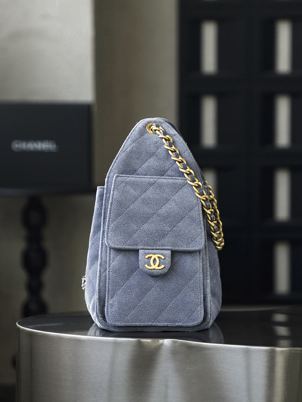 CHA 25bag 25C  Small High-End Replica Luxury Reps 嬉皮包单肩包 麂皮 蓝色 A5 AS5293