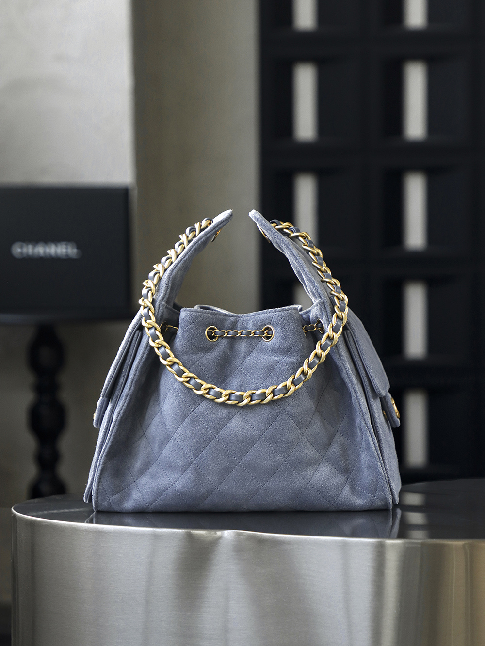 CHA 25bag 25C  Small High-End Replica Luxury Reps 嬉皮包单肩包 麂皮 蓝色 A5 AS5293