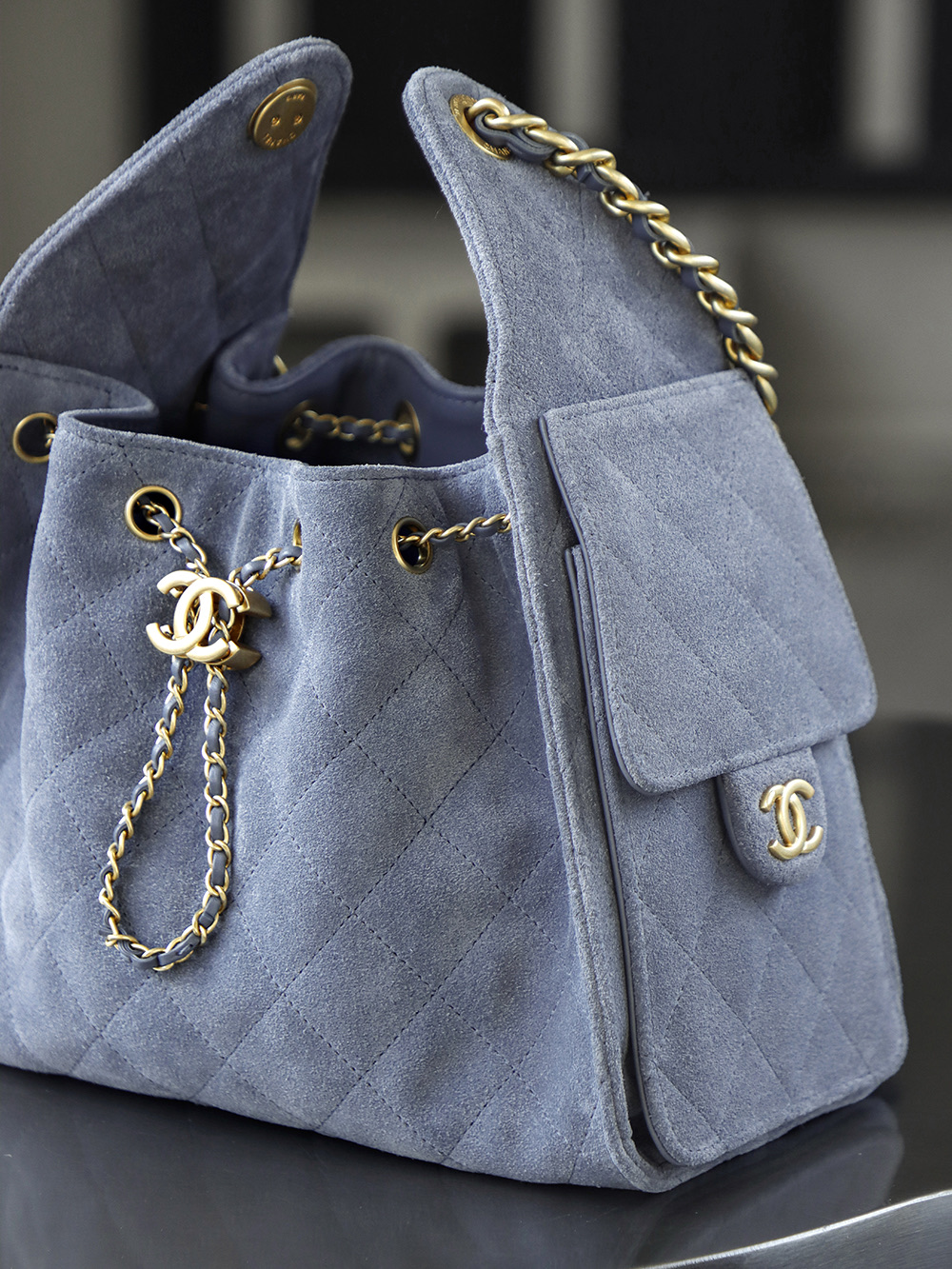 CHA 25bag 25C  Small High-End Replica Luxury Reps 嬉皮包单肩包 麂皮 蓝色 A5 AS5293