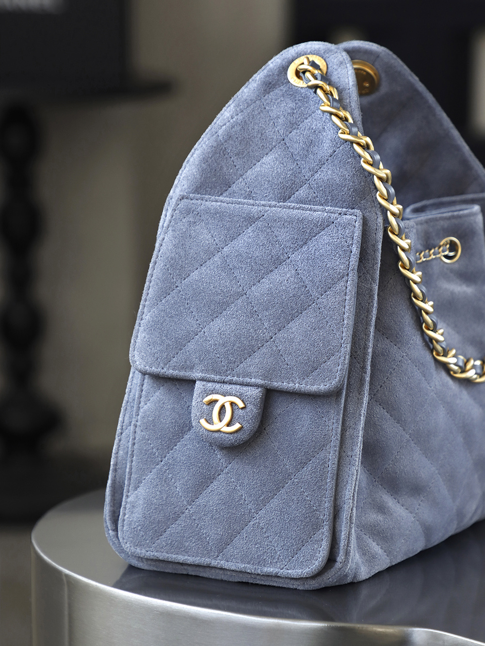 CHA 25bag 25C  Small High-End Replica Luxury Reps 嬉皮包单肩包 麂皮 蓝色 A5 AS5293