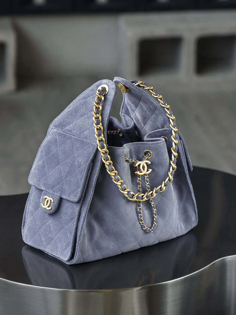 CHA 25bag 25C  Small High-End Replica Luxury Reps 嬉皮包单肩包 麂皮 蓝色 A5 AS5293