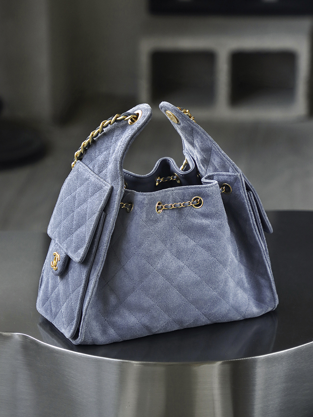 CHA 25bag 25C  Small High-End Replica Luxury Reps 嬉皮包单肩包 麂皮 蓝色 A5 AS5293