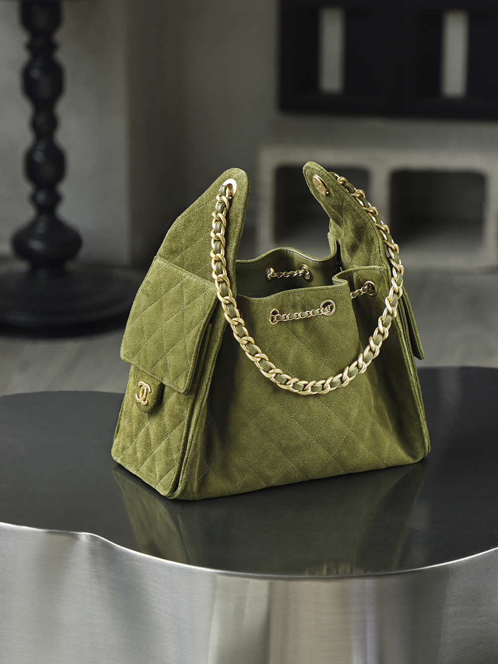 CHA 25bag 25K  Small High-End Replica Luxury Reps 嬉皮包单肩包 麂皮 A5绿色 AS5293-B18799-U3951