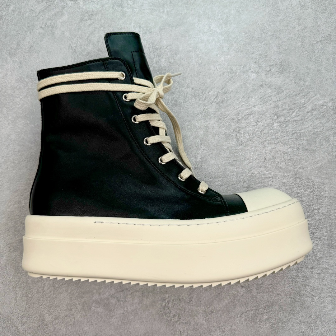 RICK OWENS RO 圆头 高筒  板鞋 休闲鞋 波鞋 男鞋   厚底 真皮拉链 黑白RU01E5859LCO-911