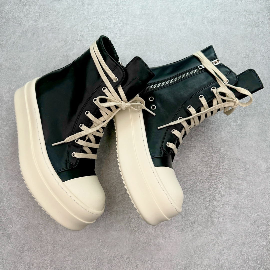 RICK OWENS RO 圆头 高筒  板鞋 休闲鞋 波鞋 男鞋   厚底 真皮拉链 黑白RU01E5859LCO-911