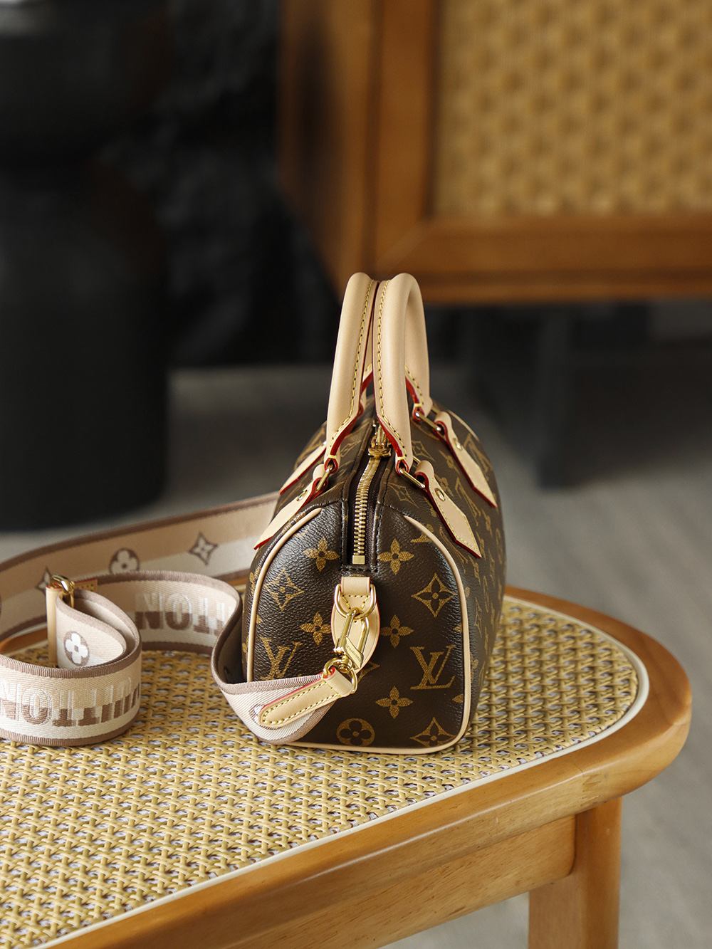 AR LOUIS VUITTON  SpeedyBandoulière 20 LV 经典老花满印刺绣Logo肩带帆布拼皮 斜挎包 单肩包 手提包 棕色 M46222