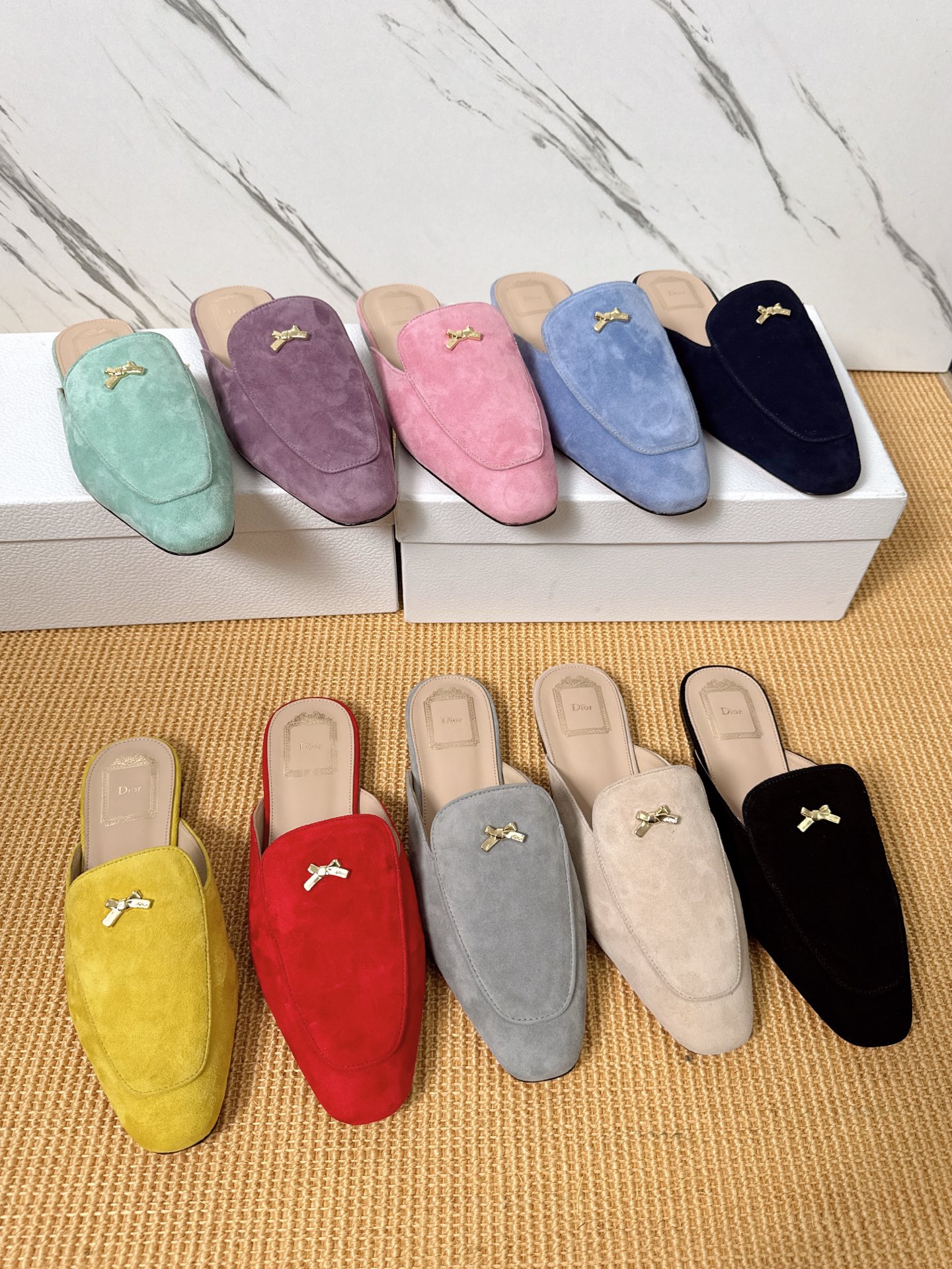 Dior Baby Bow Mules - Premium Lambskin Suede Pointed Toe Slippers with Metal Bow | Luxury European Style
