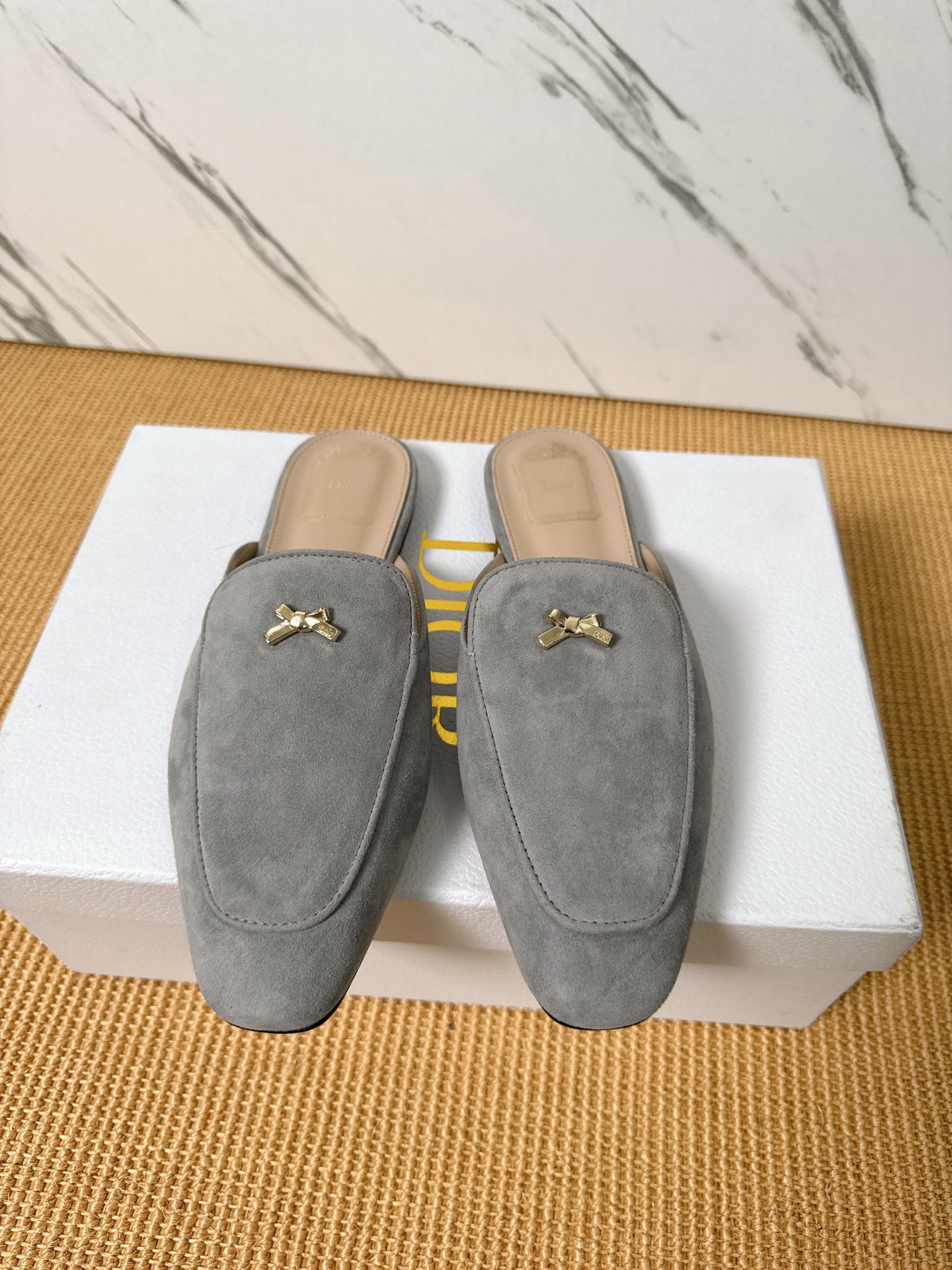 Dior Baby Bow Mules - Premium Lambskin Suede Pointed Toe Slippers with Metal Bow | Luxury European Style
