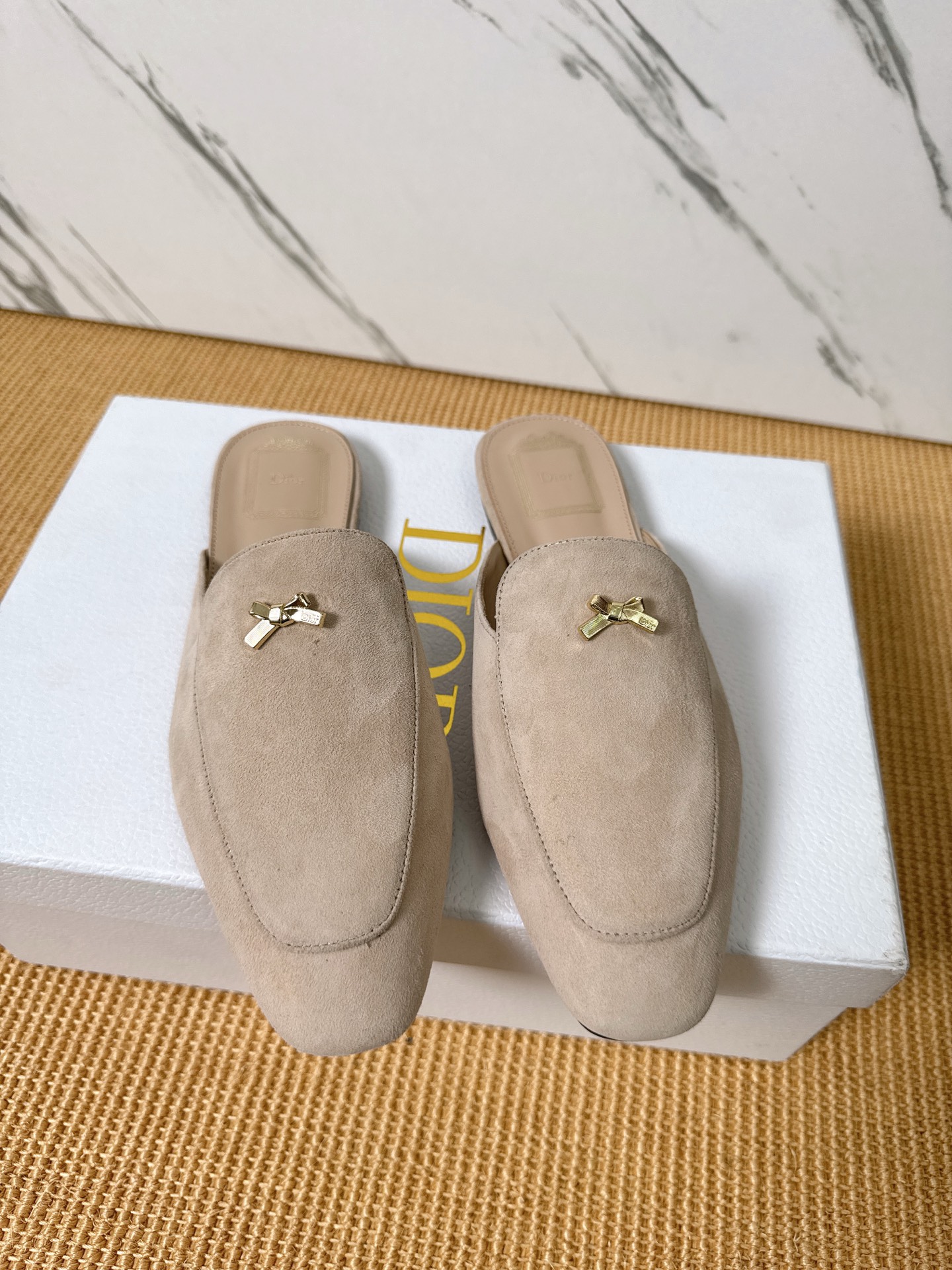 Dior Baby Bow Mules - Premium Lambskin Suede Pointed Toe Slippers with Metal Bow | Luxury European Style