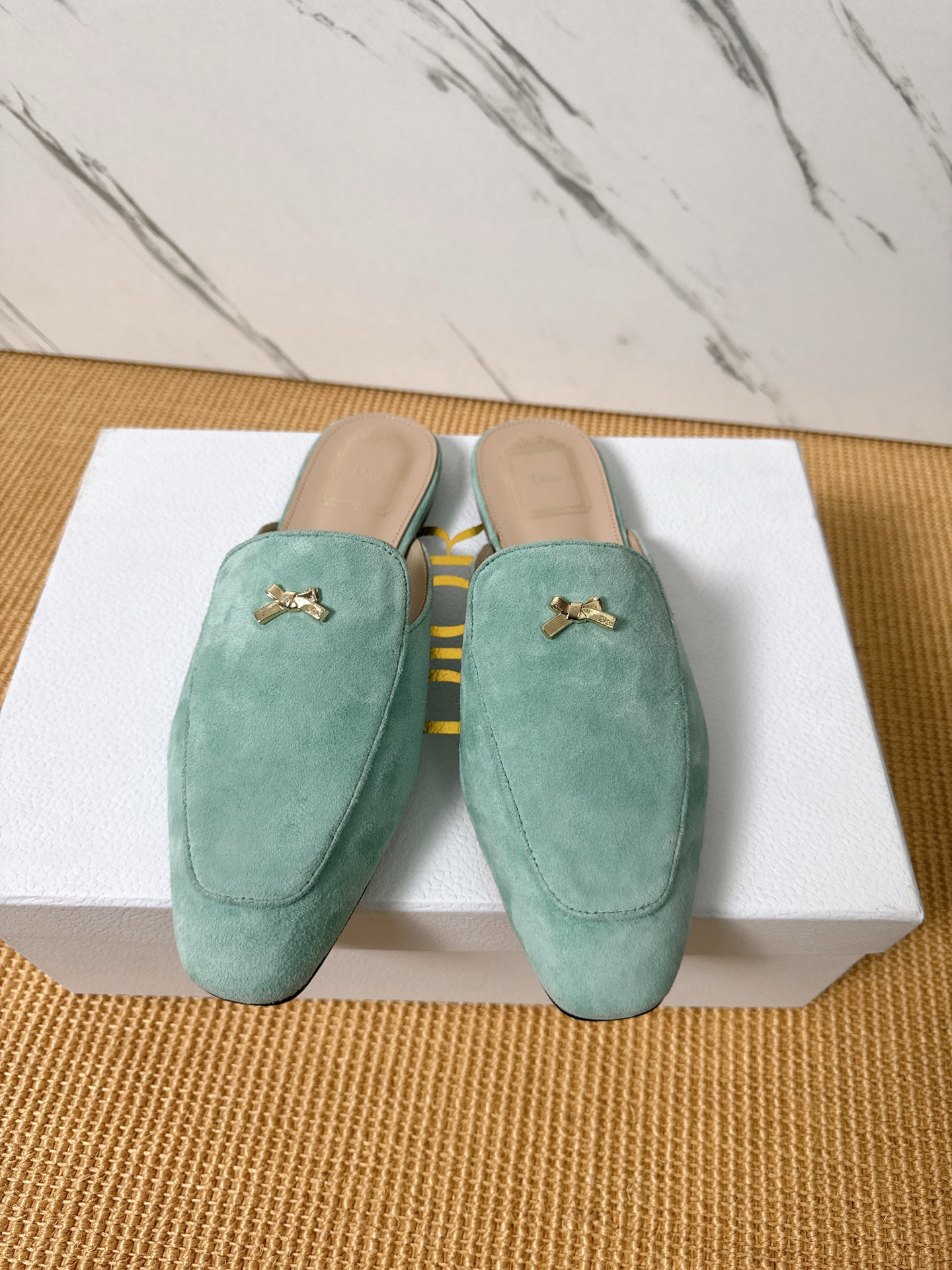 Dior Baby Bow Mules - Premium Lambskin Suede Pointed Toe Slippers with Metal Bow | Luxury European Style