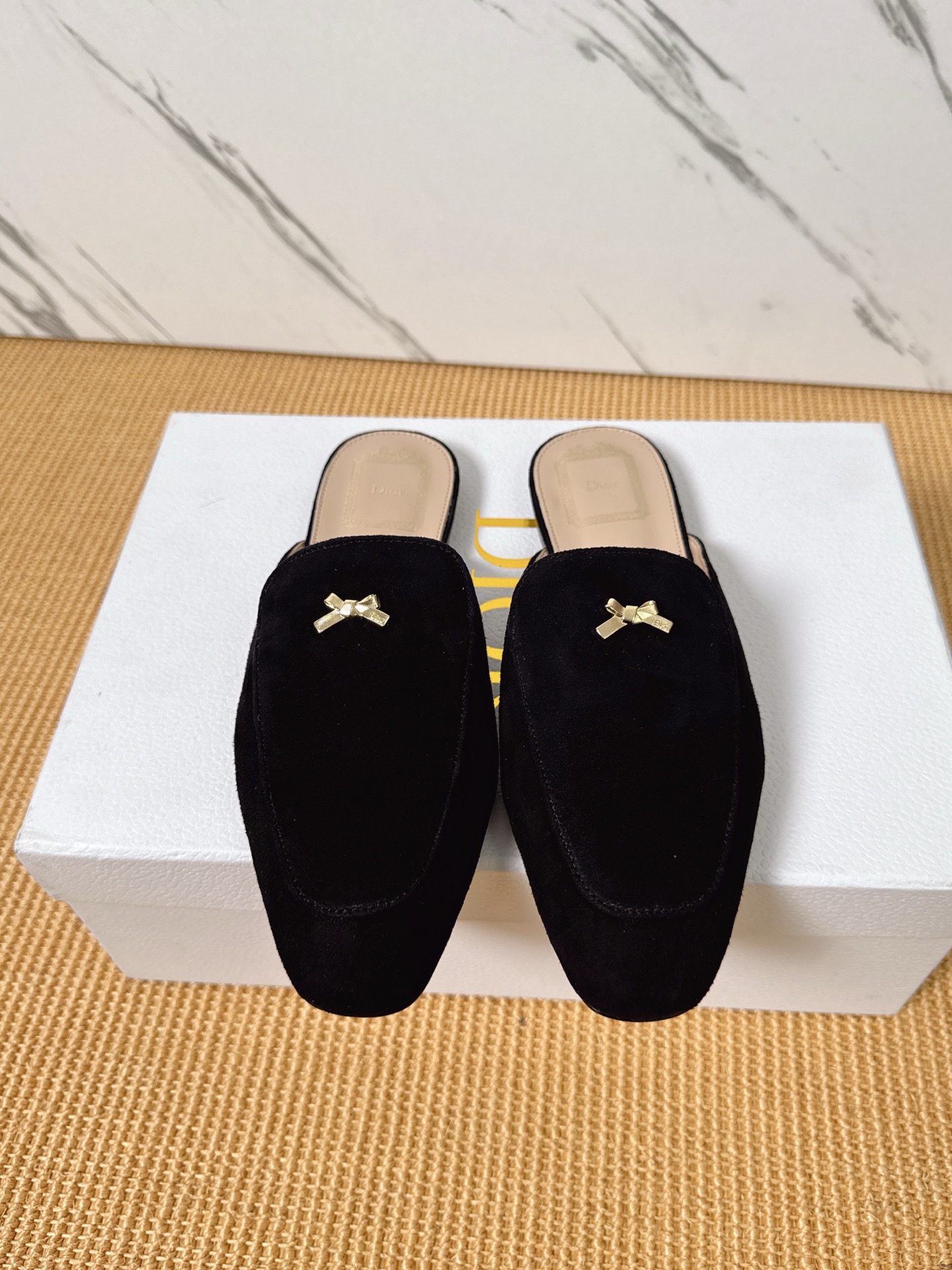 Dior Baby Bow Mules - Premium Lambskin Suede Pointed Toe Slippers with Metal Bow | Luxury European Style