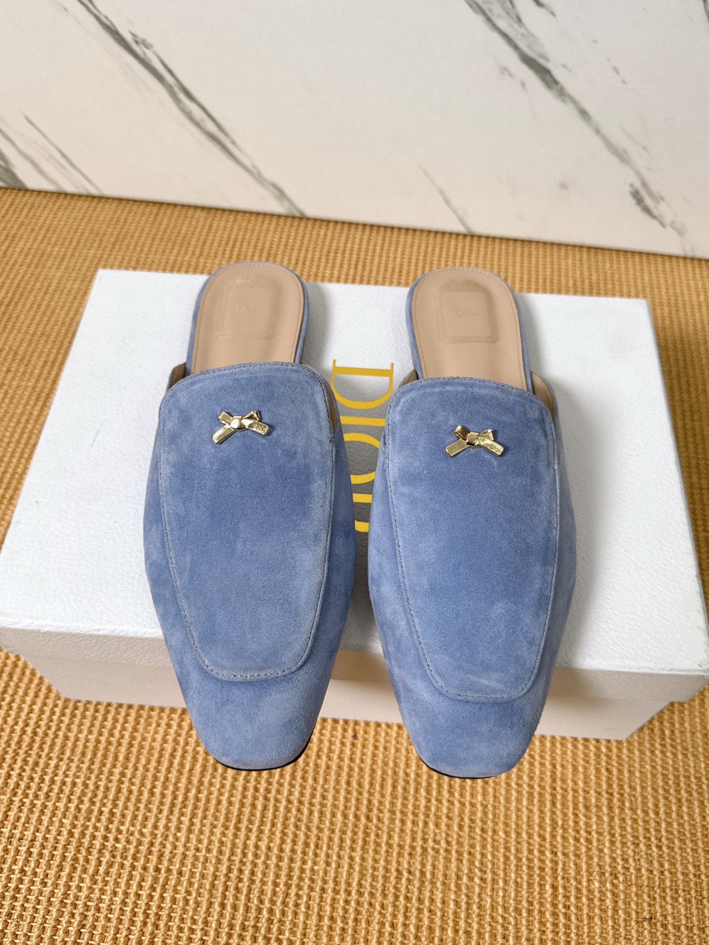 Dior Baby Bow Mules - Premium Lambskin Suede Pointed Toe Slippers with Metal Bow | Luxury European Style