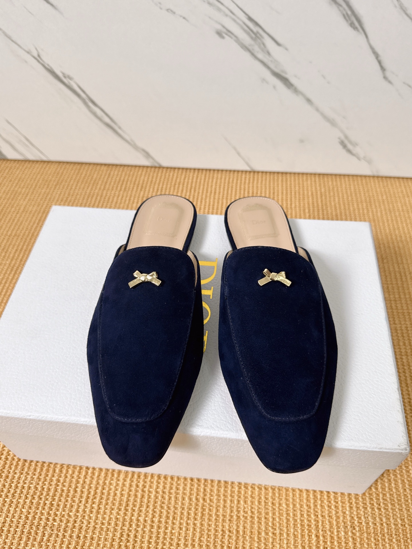 Dior Baby Bow Mules - Premium Lambskin Suede Pointed Toe Slippers with Metal Bow | Luxury European Style