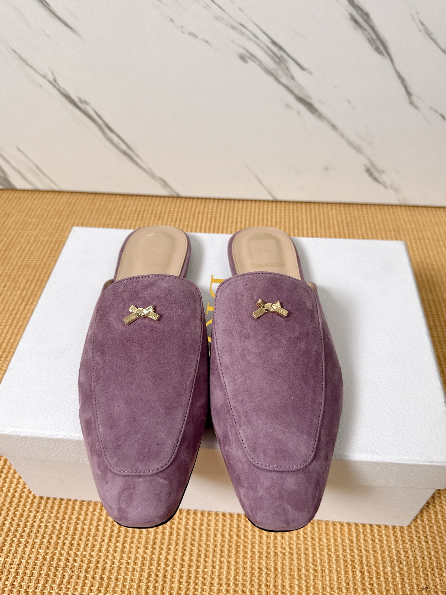 Dior Baby Bow Mules - Premium Lambskin Suede Pointed Toe Slippers with Metal Bow | Luxury European Style