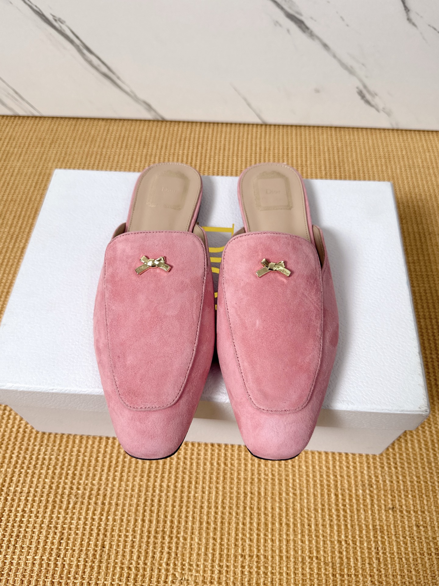 Dior Baby Bow Mules - Premium Lambskin Suede Pointed Toe Slippers with Metal Bow | Luxury European Style