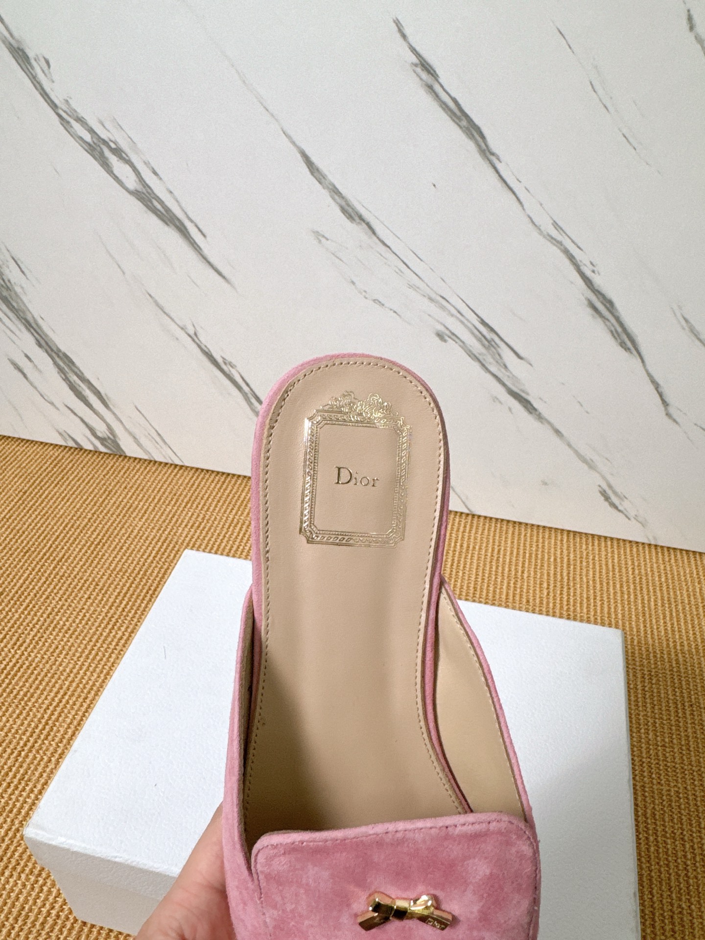 Dior Baby Bow Mules - Premium Lambskin Suede Pointed Toe Slippers with Metal Bow | Luxury European Style