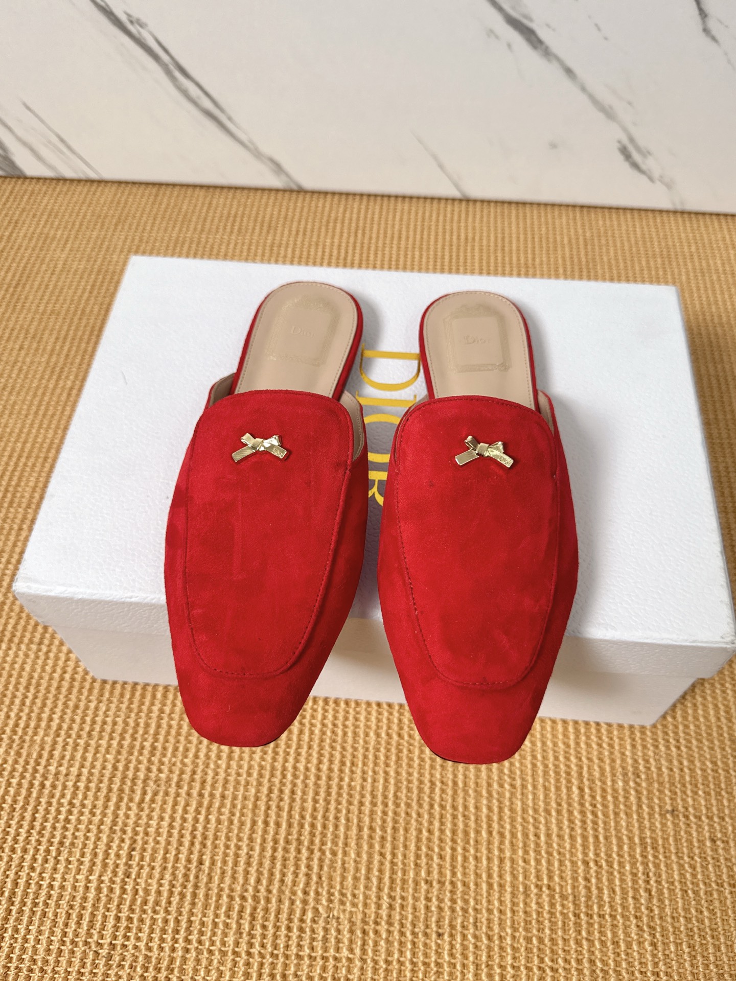Dior Baby Bow Mules - Premium Lambskin Suede Pointed Toe Slippers with Metal Bow | Luxury European Style