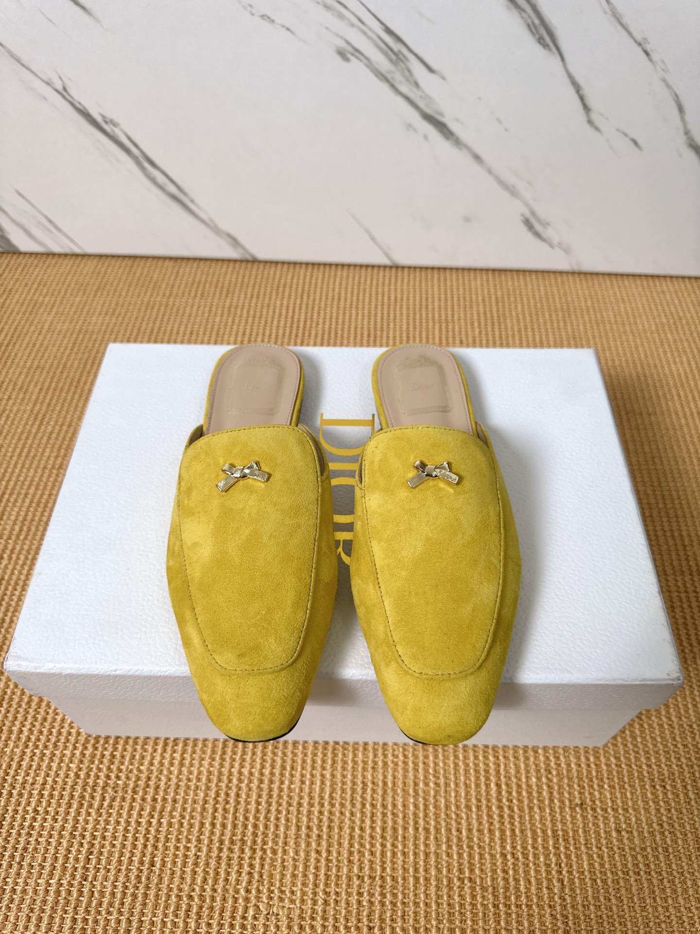 Dior Baby Bow Mules - Premium Lambskin Suede Pointed Toe Slippers with Metal Bow | Luxury European Style