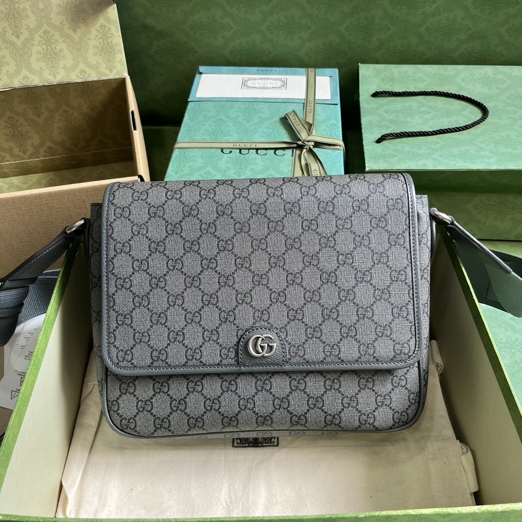 原厂皮 GUCCI 古驰 Ophidia 双G徽标可调节肩带磁力翻盖扣 帆布拼皮革 邮差包 斜挎包 单肩包 中号 黑灰色 761741 