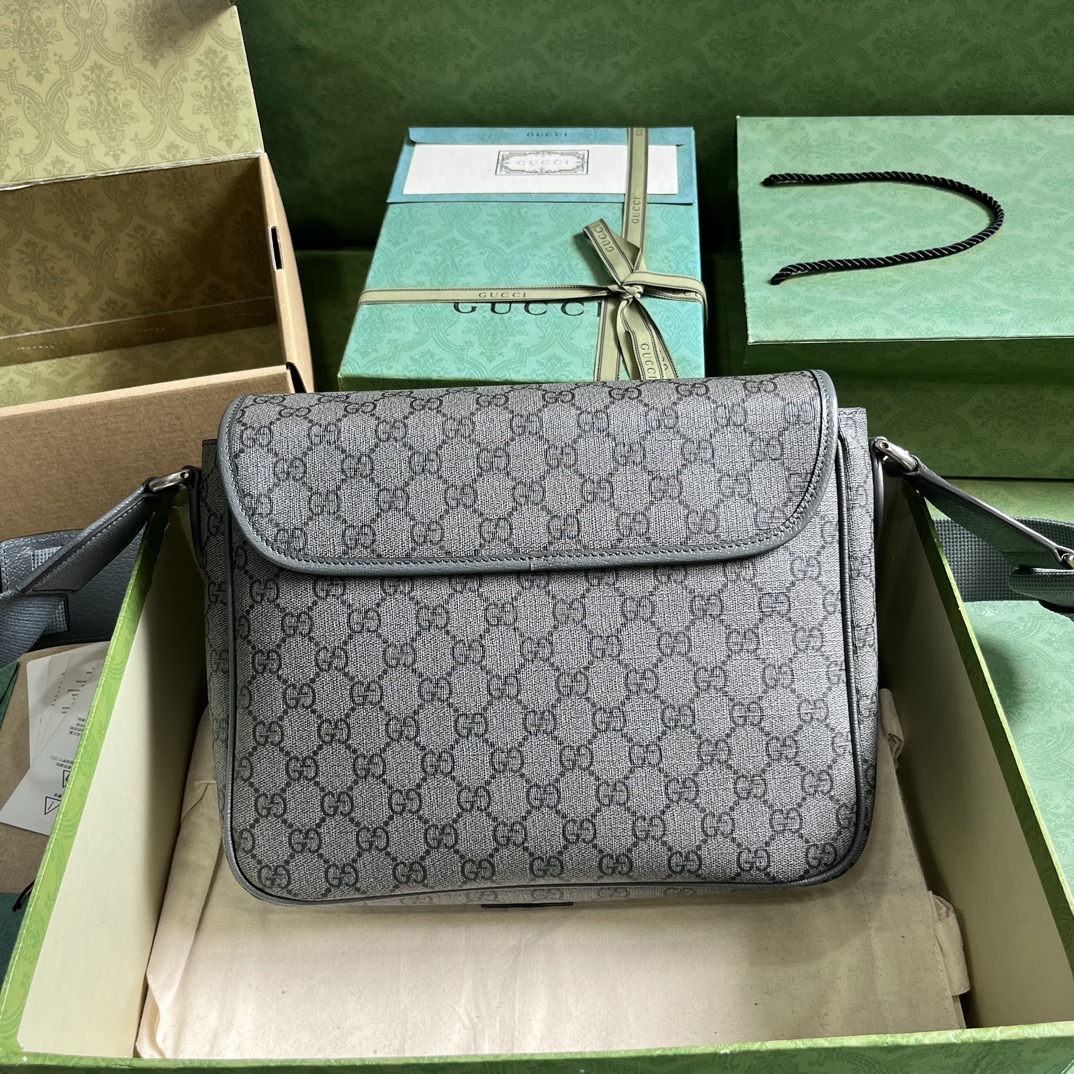 原厂皮 GUCCI 古驰 Ophidia 双G徽标可调节肩带磁力翻盖扣 帆布拼皮革 邮差包 斜挎包 单肩包 中号 黑灰色 761741 