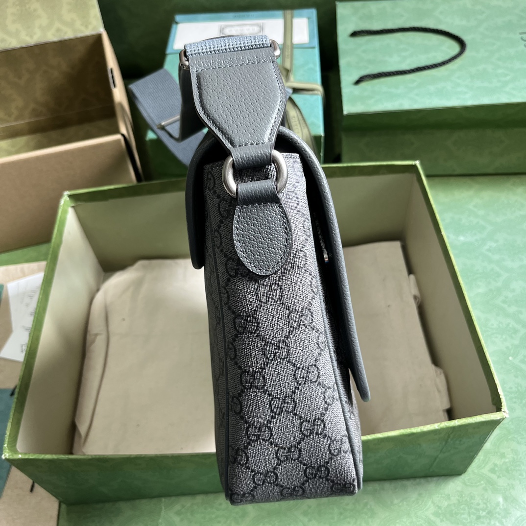 原厂皮 GUCCI 古驰 Ophidia 双G徽标可调节肩带磁力翻盖扣 帆布拼皮革 邮差包 斜挎包 单肩包 中号 黑灰色 761741 