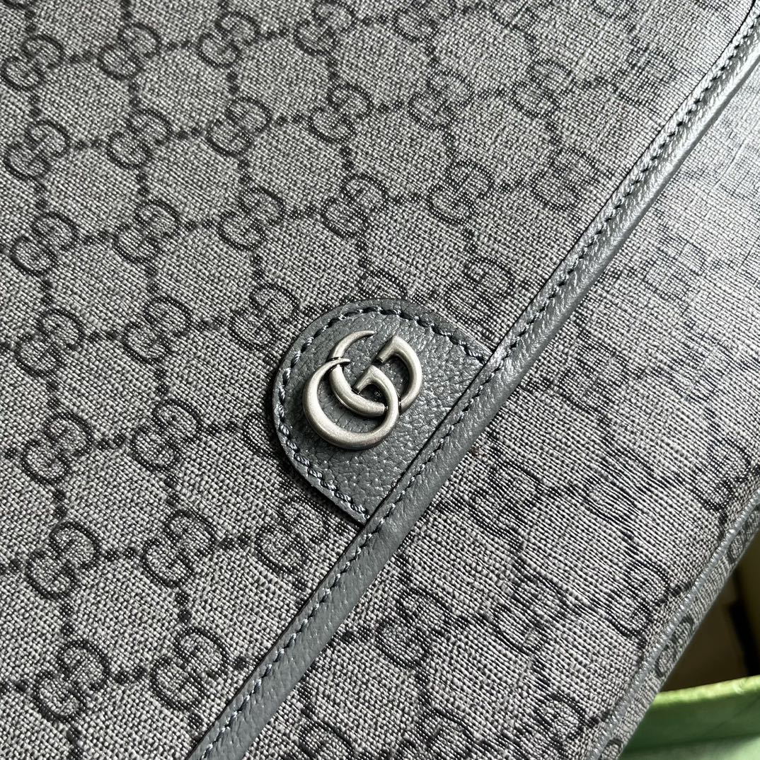 原厂皮 GUCCI 古驰 Ophidia 双G徽标可调节肩带磁力翻盖扣 帆布拼皮革 邮差包 斜挎包 单肩包 中号 黑灰色 761741 