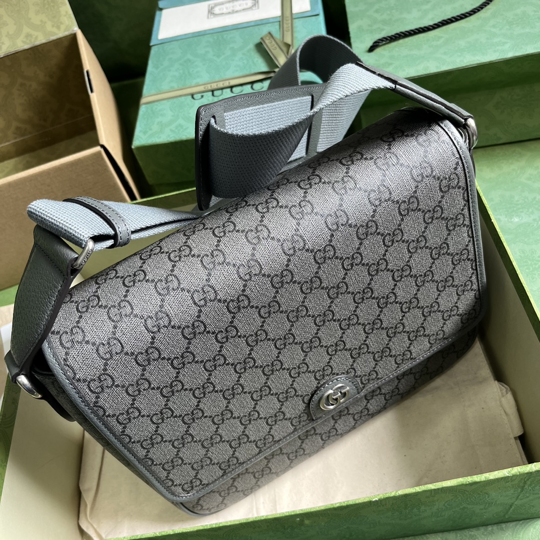 原厂皮 GUCCI 古驰 Ophidia 双G徽标可调节肩带磁力翻盖扣 帆布拼皮革 邮差包 斜挎包 单肩包 中号 黑灰色 761741 
