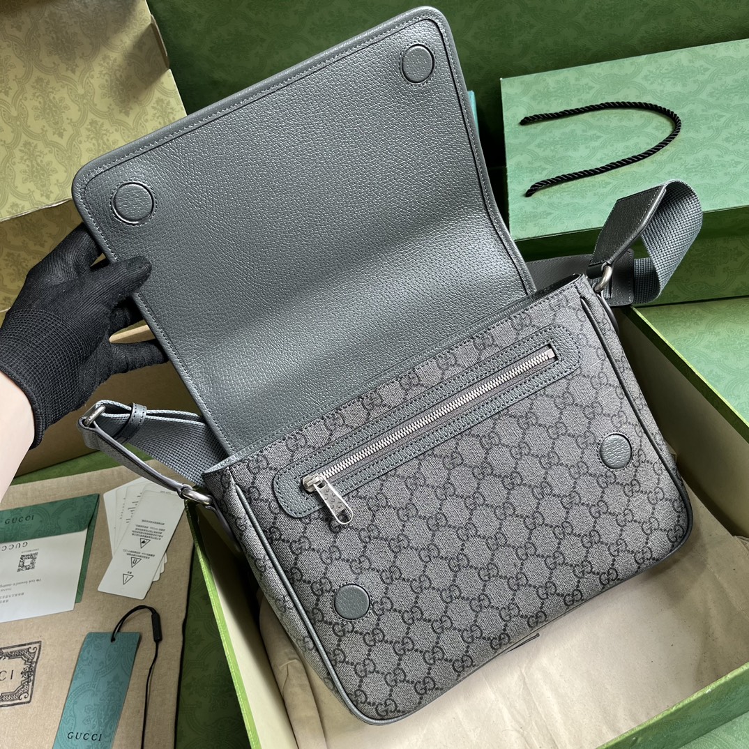 原厂皮 GUCCI 古驰 Ophidia 双G徽标可调节肩带磁力翻盖扣 帆布拼皮革 邮差包 斜挎包 单肩包 中号 黑灰色 761741 