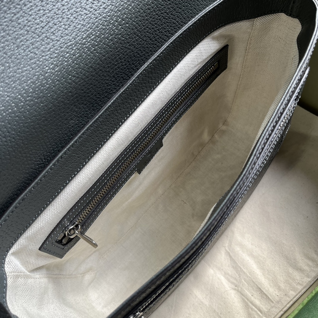 原厂皮 GUCCI 古驰 Ophidia 双G徽标可调节肩带磁力翻盖扣 帆布拼皮革 邮差包 斜挎包 单肩包 中号 黑灰色 761741 