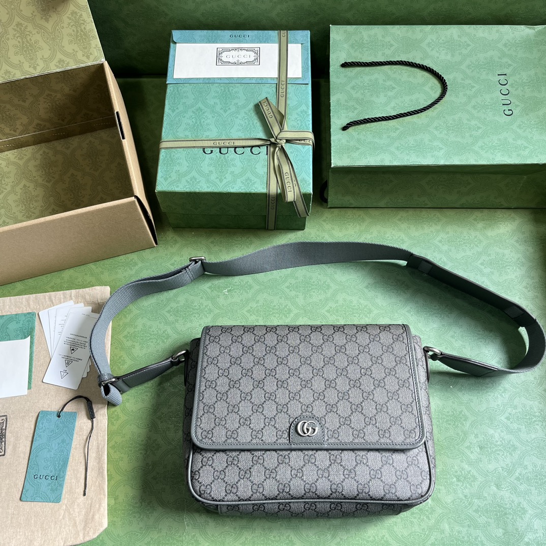 原厂皮 GUCCI 古驰 Ophidia 双G徽标可调节肩带磁力翻盖扣 帆布拼皮革 邮差包 斜挎包 单肩包 中号 黑灰色 761741 