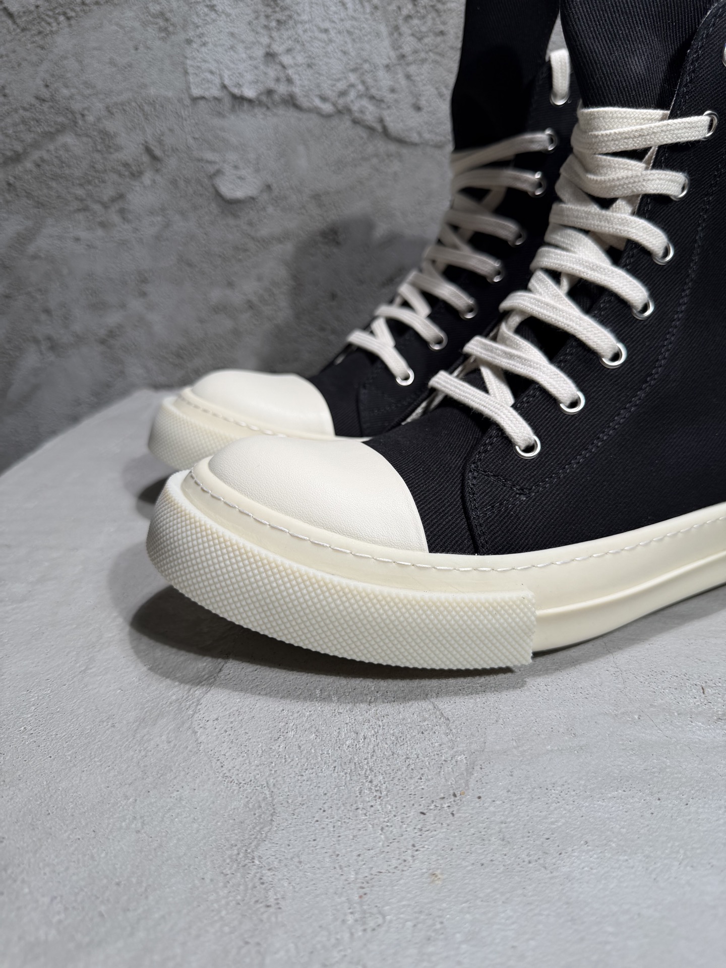 RICK OWENS RO 圆头 高筒  板鞋 休闲鞋 波鞋 男鞋  帆布  黑白 颗粒鞋头 DU01F4800DOEH4-911