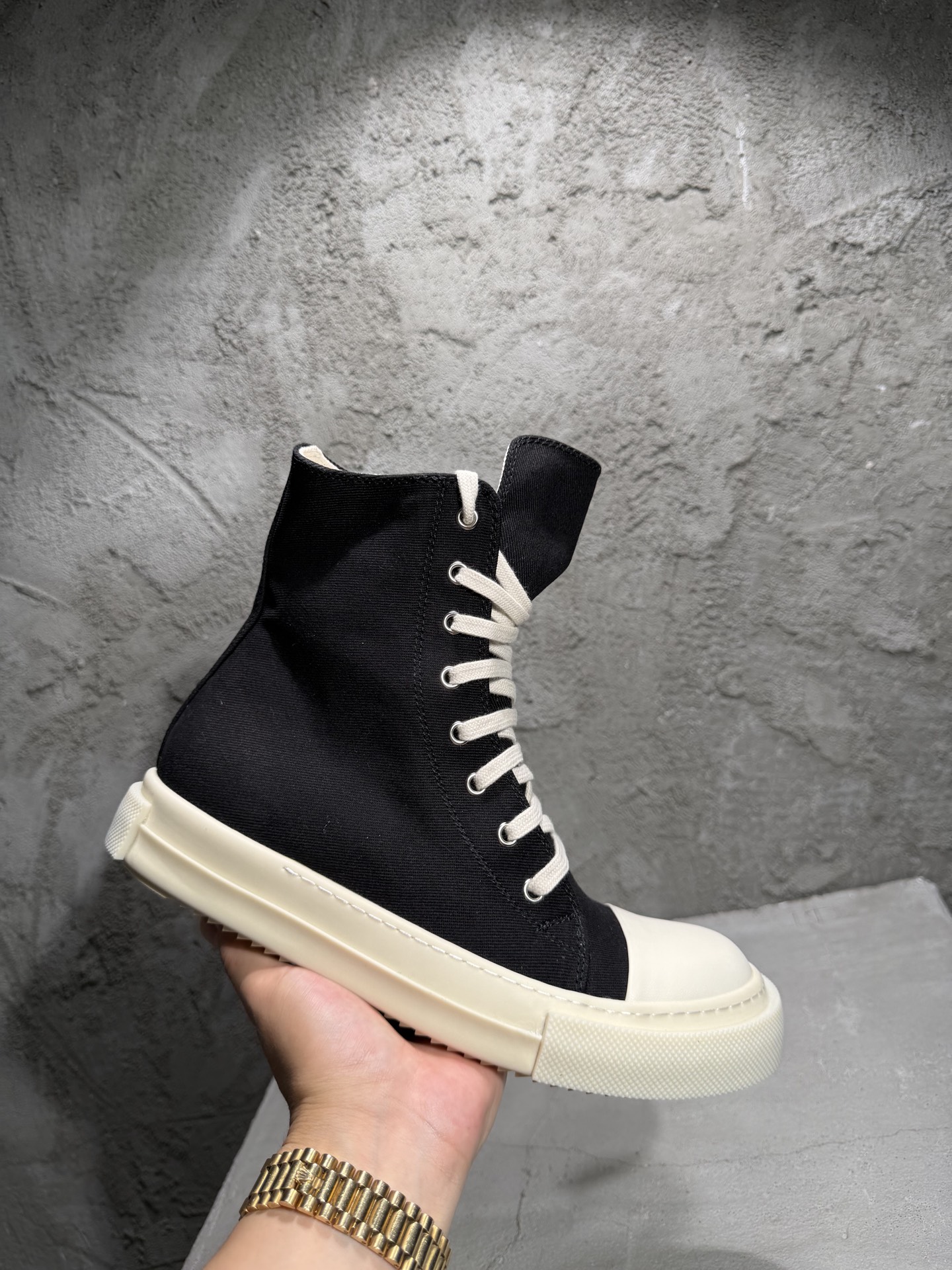 RICK OWENS RO 圆头 高筒  板鞋 休闲鞋 波鞋 男鞋  帆布  黑白 颗粒鞋头 DU01F4800DOEH4-911