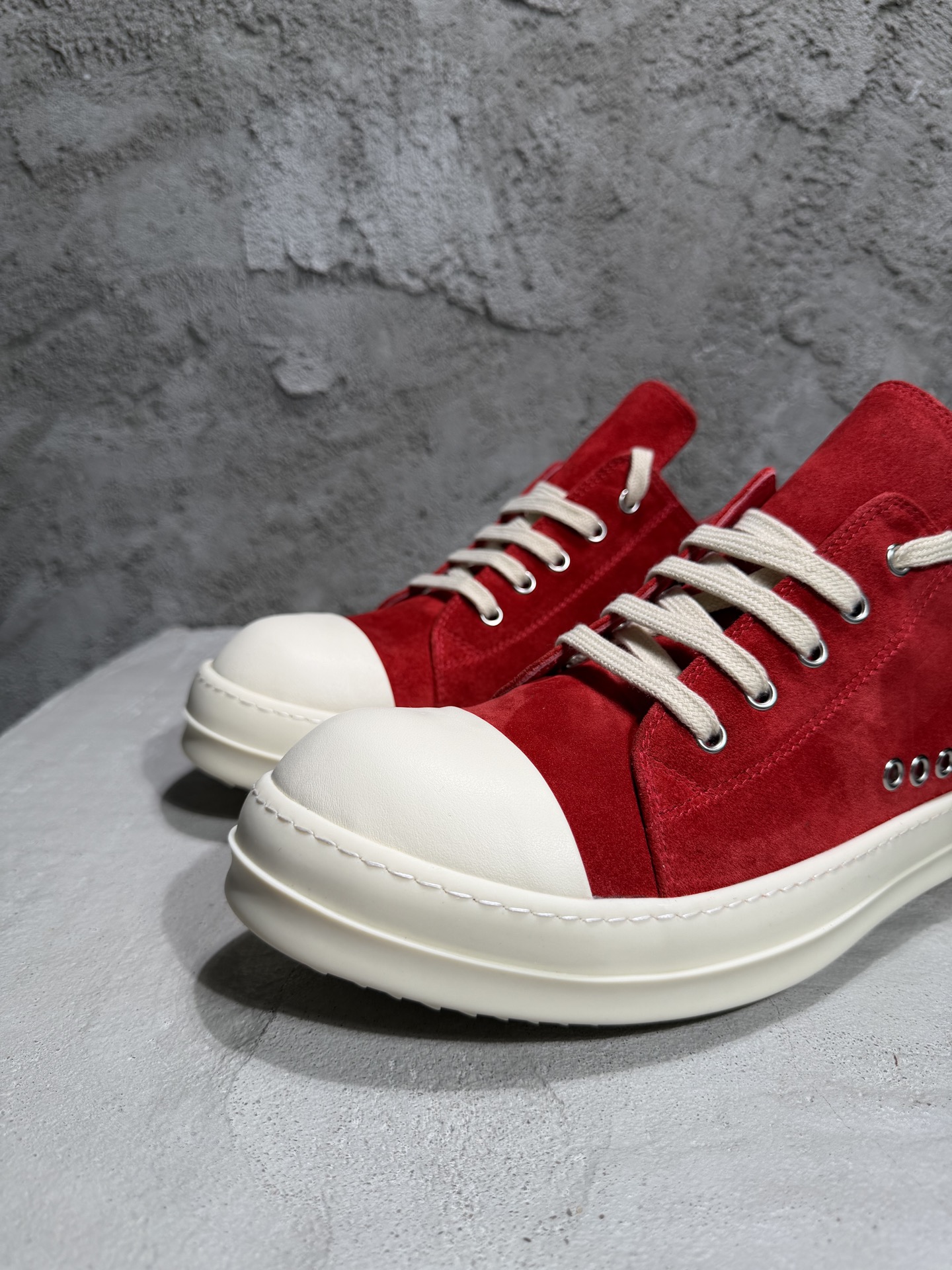 RICK OWENS RO 圆头 板鞋 休闲鞋 波鞋 男鞋  帆布  低筒  红色 麂皮侧面六孔  RR01F2895LVS-7311